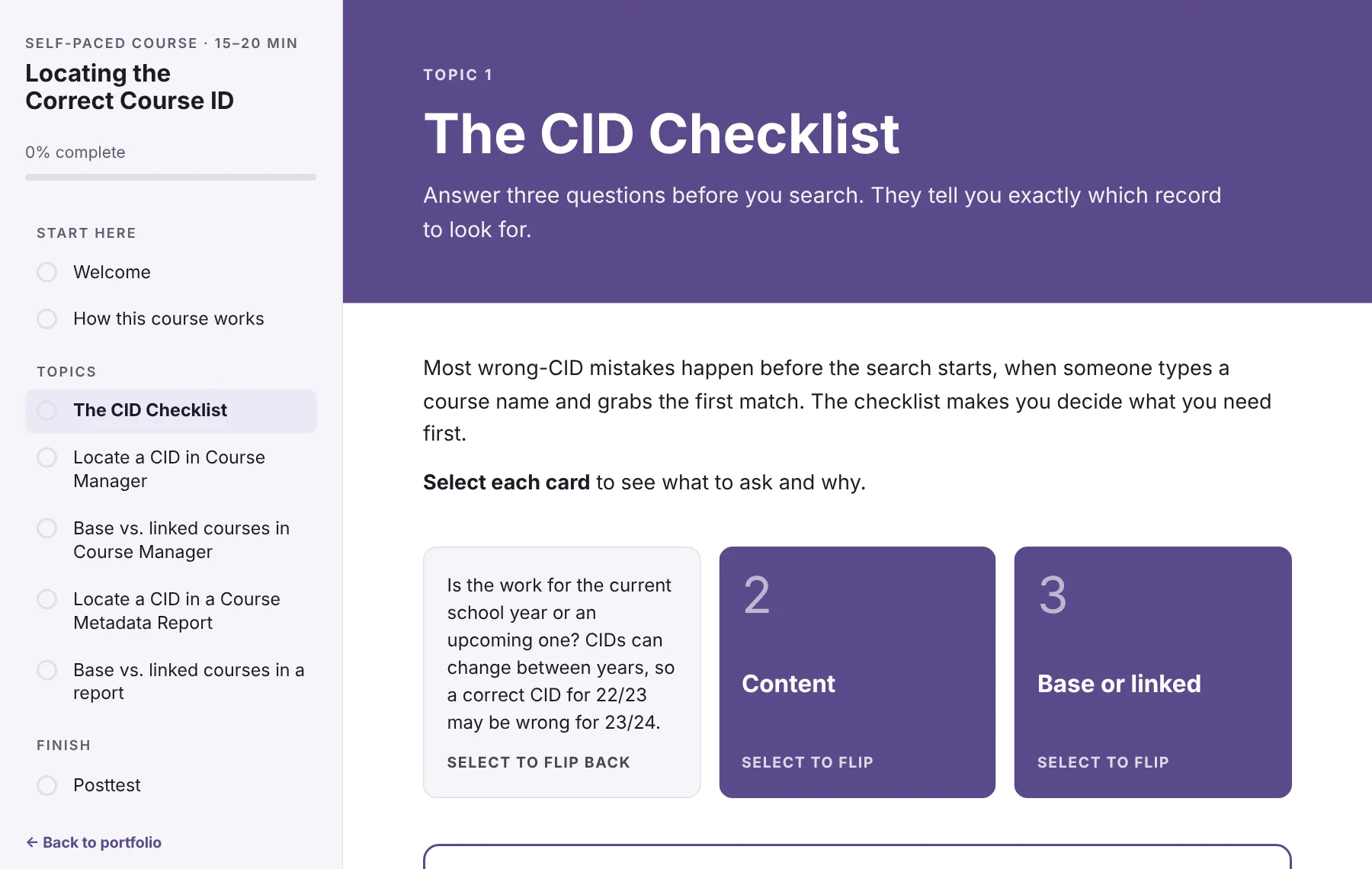 The course's CID Checklist lesson, showing flip cards and the lesson list